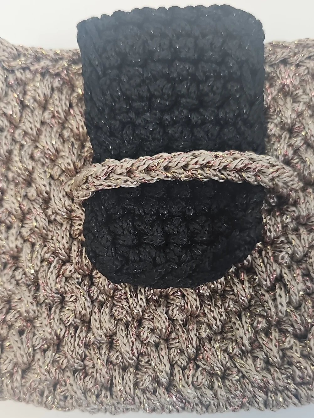 Hand Knit Mini Clutch Purse Gold & Copper Metallic w Brown Flap